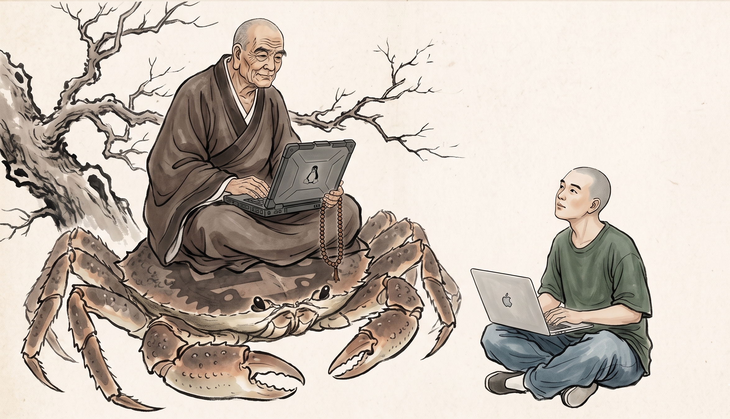 A Zen master sitting atop a giant crab, teaching a student — both hold laptops